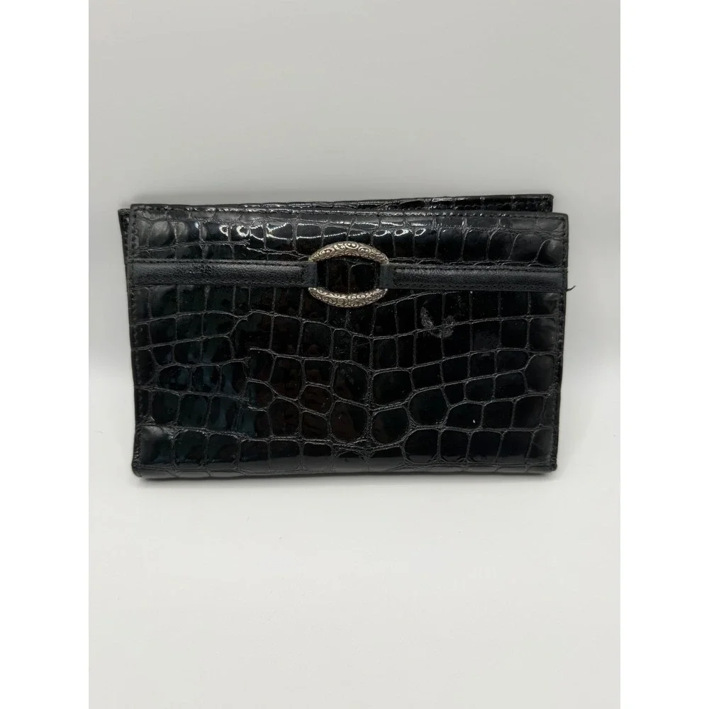 Brighton Black Croc Embossed Patent Leather Wallet Pewter Metallic Interior